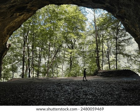 View from inside a large cave looking out to the forest. A single man in silhouette strolls casually. Located within Starved Rock State Park in LaSalle County, Illinois, USA.