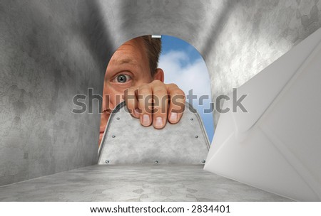 View from inside the mailbox looking out, revealing a letter and someone opening the mailbox door and peering in