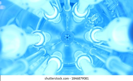 View inside of new modern water purification mechanism with LED lamps. Media. Concept of modern technologies for everyday life, close up of glowing blue lamps for water disinfection.
