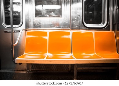 View Inside New York City Subway Train Car With Vintage Orange Color Seats