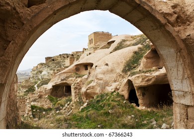 View inside the old abandoned hillside settlement of cavusin or chavushin near goreme in cappadocia, central turkey