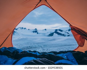 View From Inside A Tent Of Harding Icefield At Twilight