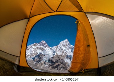 View from inside the tent of the Himalayan landscape. Mountains Everest, Lhotse and Nuptse.
