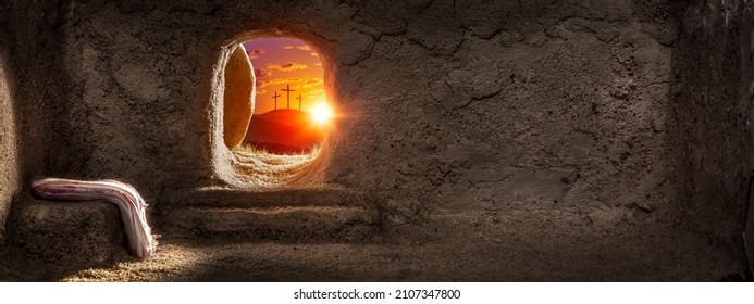 View From Inside Tomb At Sunrise With Grave Clothes And Three Crosses - Resurrection Of Jesus Christ - Shutterstock ID 2107347800