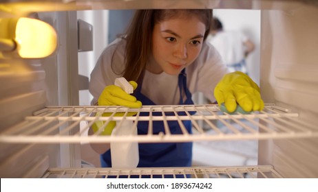 View From Inside Of Woman In Rubber Gloves And Apron Cleaning Empty Refrigerator. Professional Maid In Uniform Washing Fridge With Detergent Sprayer And Rag