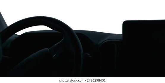 View from the interior of the car panel with steering wheel and monitor