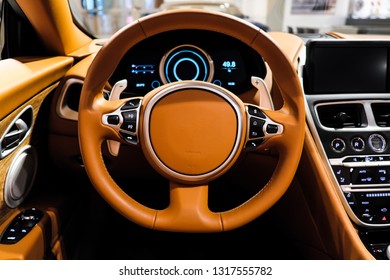View of the interior of a modern automobile showing the dashboard.