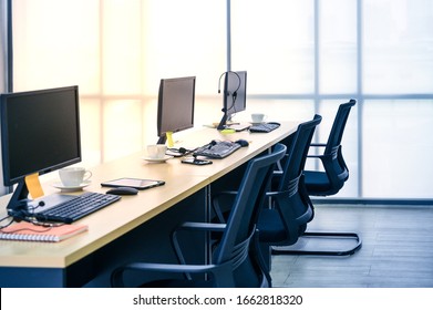 View Of Interior At Office Work Place With Computer. Business Workspace Concept.