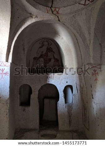 A view of the interiors of a cave church in Goreme, Cappadocia 