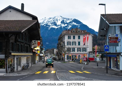 View Of Interlaken City Center On A Winter Day. Interlaken, Switzerland. 