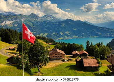 View Of Interlaken With Swiss Flag ,Switzerland