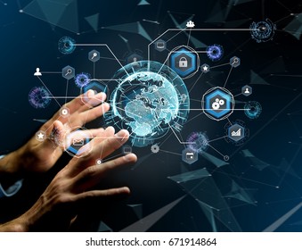 View of an International business network connection displayed on a futuristic interface with technology icon and sphere globe - Worldwide business concept - Shutterstock ID 671914864