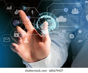 View of an International business network connection displayed on a futuristic interface with technology icon and sphere globe - Worldwide business concept - Shutterstock ID 685679437