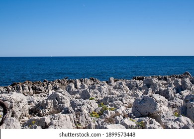 View Into The Blue Mediterranean Sea And Under Blue Sky At 