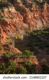 A view into a ravine at Caprock Canyons State Park as the sun sets.