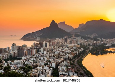 View of Ipanema and Leblon District Buildings and Mountains by Sunset in Rio de Janeiro, Brazil