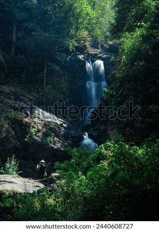 View of Iruppu waterfalls in Coorg or Madikeri, Karnataka, India. Western ghats falls in long exposure. Green trees and forest. Milky waterfalls. Karnataka tourism site. 