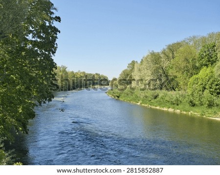 View of the Isar River flowing through lush green forest in Bavaria, Germany. Peaceful natural riverscape on a sunny day.