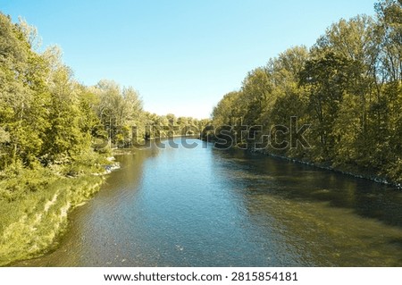 View of the Isar River flowing through lush green forest under a clear blue sky in Bavaria, Germany. Scenic riverscape in natural surroundings.