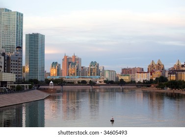 A View Of Ishim River In Astana At Dusk