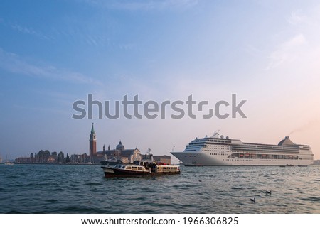 View to the island San Giorgio Maggiore with cruiser in Venice, Italy.