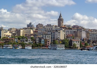 View of  Istanbul Beyoglu area with  Galata Tower from Bosphorus 