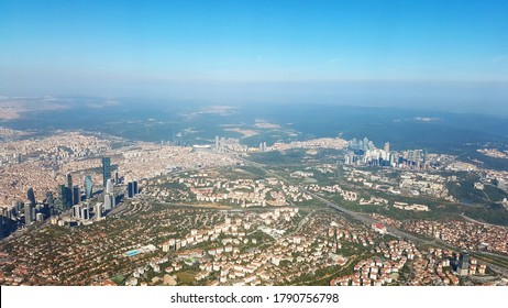 View Of Istanbul City From Plane. Aerial View Of A Istanbul City. View From A Landing Airplane Out The Window Of City