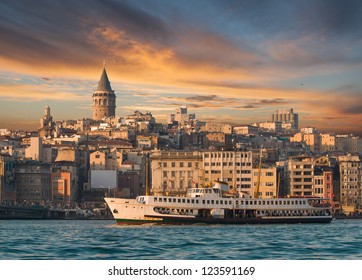 View From Istanbul With Galata Tower And The Ferry