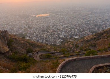 View Of Jaipur City From From Nahargarh Fort At Sunrise. Jaipur City In Rajastan Is Part Of The Golden Triangle India For Tourist.