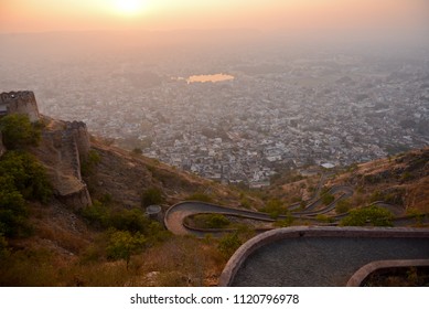 View Of Jaipur City From From Nahargarh Fort At Sunrise. Jaipur City In Rajastan Is Part Of The Golden Triangle India For Tourist.