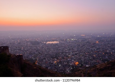 View Of Jaipur City From From Nahargarh Fort At Sunrise. Jaipur City In Rajastan Is Part Of The Golden Triangle India For Tourist.