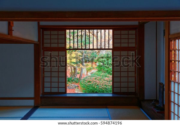 View Japanese Courtyard Garden Through Sliding Stock Photo Edit