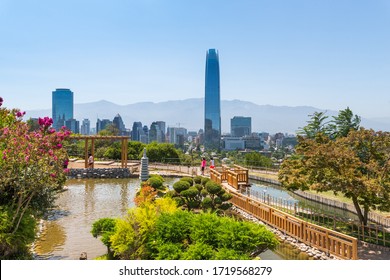 View Of A Japanese Park And Santiago De Chile Skyline