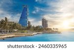 View of Jeddah skyscrapers from the public beach.