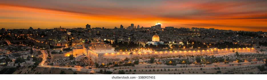 View To Jerusalem Old City At Sunset. Israel