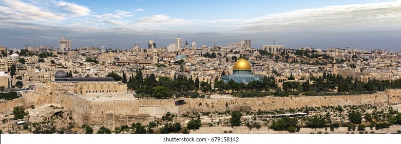 View of Jerusalem Old city and the Temple Mount, Dome of the Rock and Al Aqsa Mosque from the Mount of Olives in Jerusalem, Israel