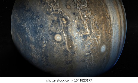 View of Jupiter, the fifth planet of the Solar System, with stars . Elements of this image furnished by NASA. Science fiction wallpaper.