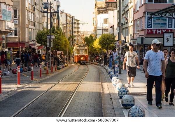 View of Kadikoy - Moda nostalgic tramway used for\
touristic purposes between Moda and Kadikoy districts. .TURKEY,\
ISTANBUL,29 JULY 2017