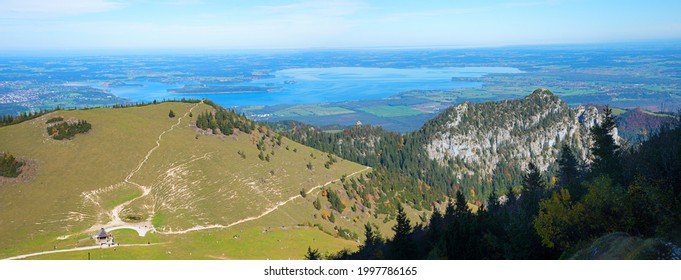 view from kampenwand mountain to lake chiemsee and alpine foothills, upper bavarian landscape
