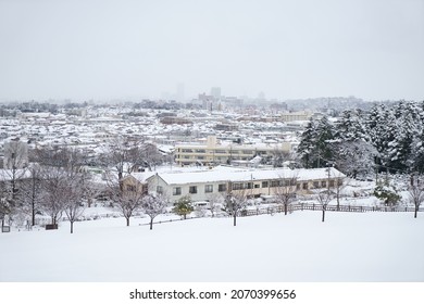 View of Kanazawa city in Hokuriku, Japan on a heavy snow day