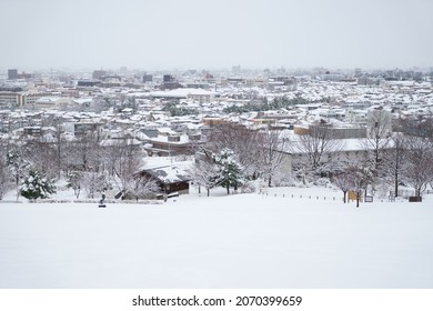 View Of Kanazawa City In Hokuriku, Japan On A Heavy Snow Day