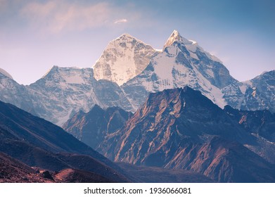 View Of Kangtega Mount In Himalaya Mountains At Sunrise. Khumbu Valley, Everest Region, Nepal.