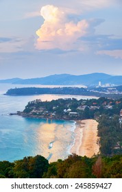 View at Kata Noi, Kata and Karon beach from Karon view point at evening time on Phuket island in Thailand