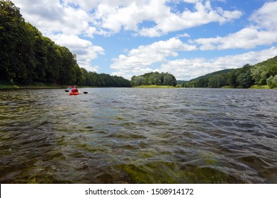 View from a Kayak in the Delaware Water Gap Between Pennsylvania and New Jersey                               