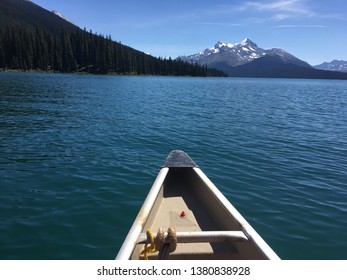 View From A Kayak On Maligne Lake In Jasper National Park, Alberta, Canada. It Is Famed For The Colour Of Its Water, The Surrounding Snow Capped Peaks And Forests.