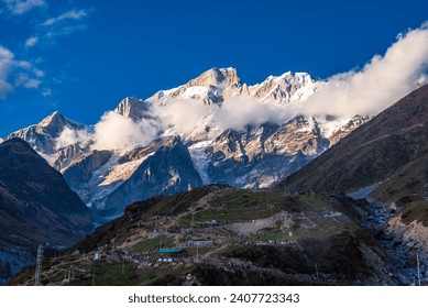 View of Kedarnath mountain from Kedarnath Temple hiking trail, dedicated to Lord Shiva located at 3584m in Uttarakhand and it is a part of Char Dhams, Panch Kedar and 12 Jyotirlingas.