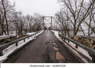 A View Of The Kellam-Stalker Road Bridge, A Historic Suspension Crossing Of The Delaware River, Between Pennsylvania And New York State.