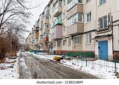 View of Khrushchyovka, common type of old low-cost apartment building in Russia and post-Soviet space. Kind of prefabricated buildings. Built in 1960s. Winter shot. Russia, Vladivostok.