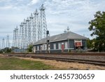 View of the Kilgore I and GN-Missouri Pacific Railroad Station with iron oil derricks in Gregg and Rusk counties, Texas, USA