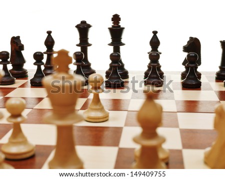 view from king of first move pawn on chess board close up